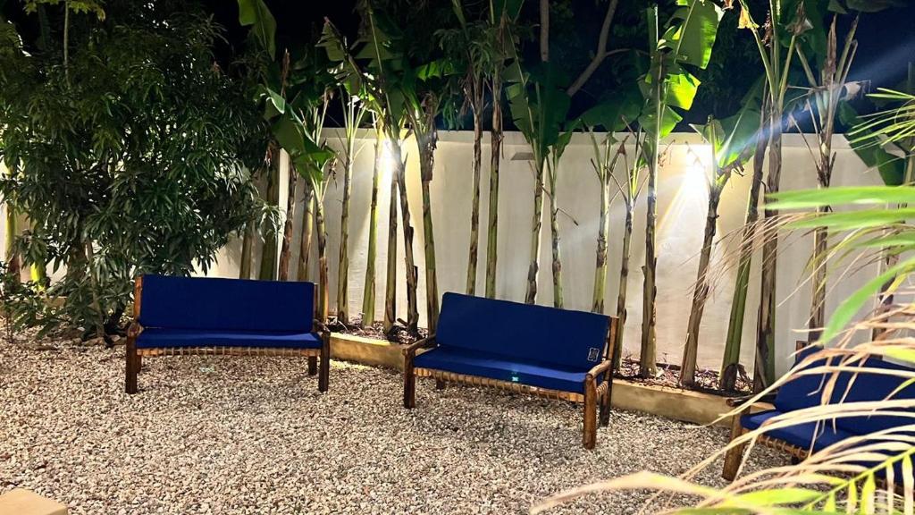 Blue bench seating against the garden wall