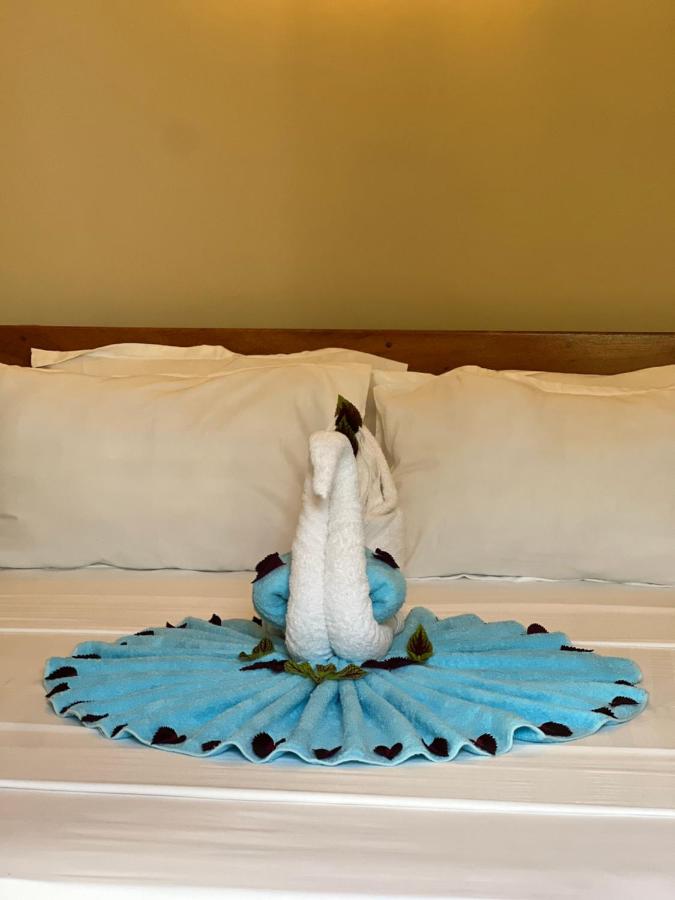 A towel sculpture and petals arranged on a made bed